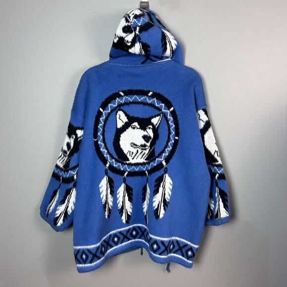 Yari Artesanias Sweater Jacket Large Wolf Nature wool Ecuador Blue‎ Hoodie VTG - Picture 2 of 14